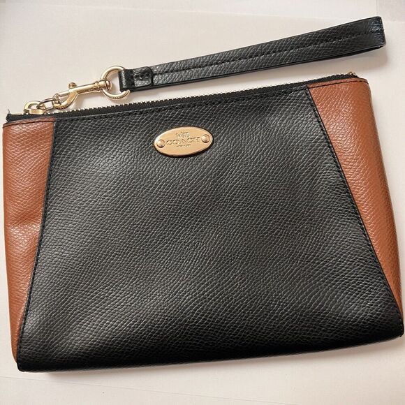 Coach Morgan Crossgrain Leather Clutch Wristlet Black Saddle Color Block - Picture 2 of 8